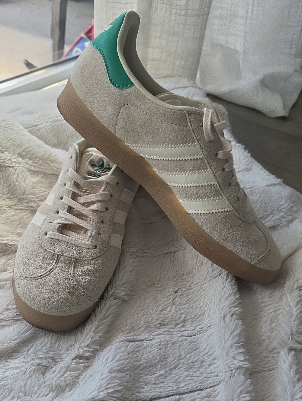 adidas Beige Suede Sneakers with Gum Sole and Green Heel Tab